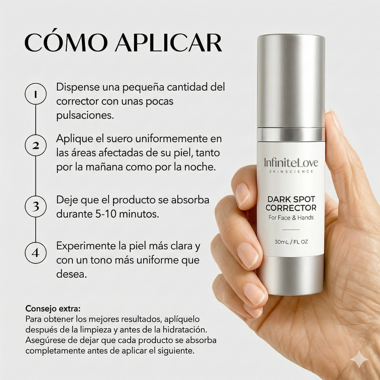 Suero Corrector de Manchas Oscuras con Vitamina C para Hiperpigmentación, Melasma y Marcas de Acné en Rostro y Manos